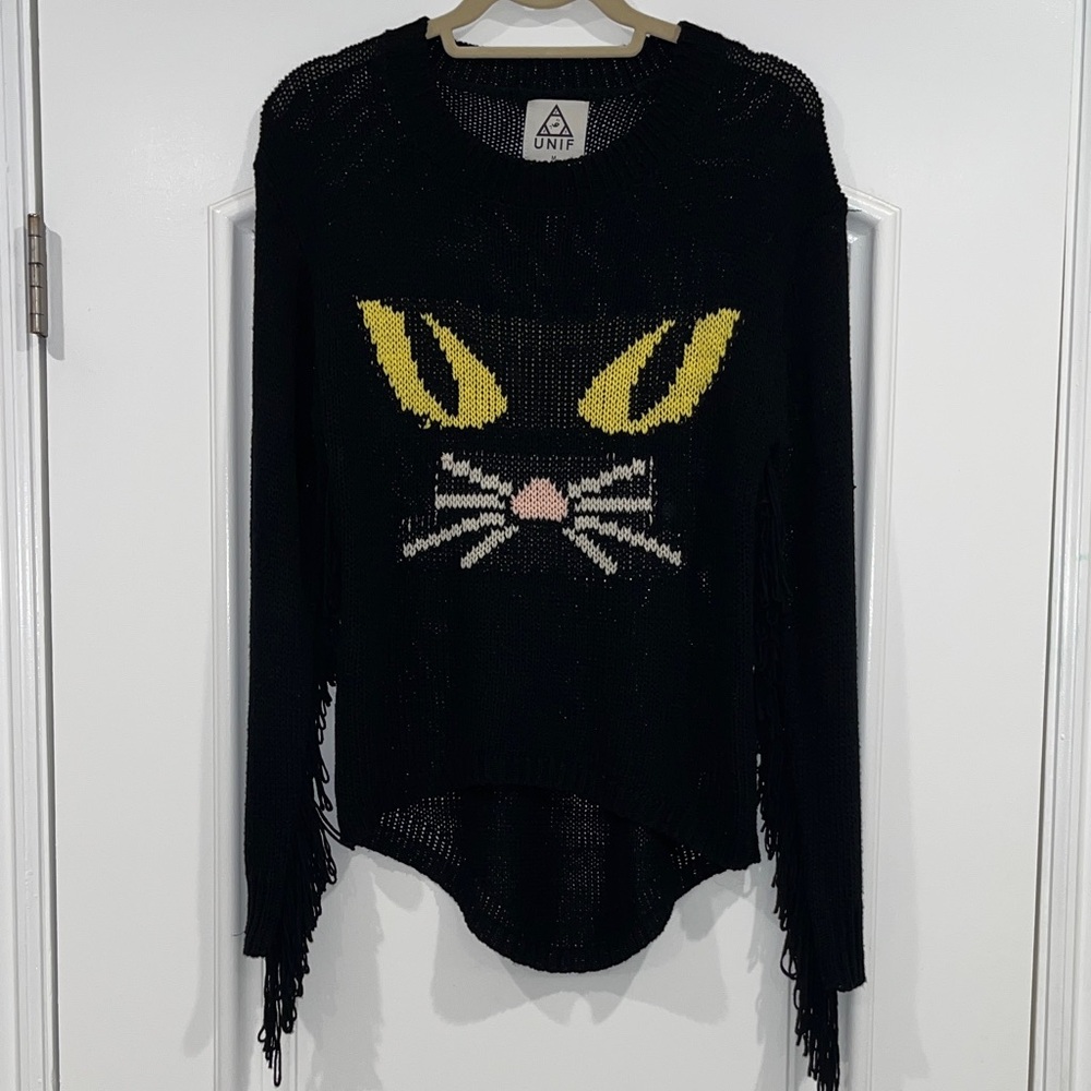 UNIF Black Sweater with Cat Face Design and Fringe